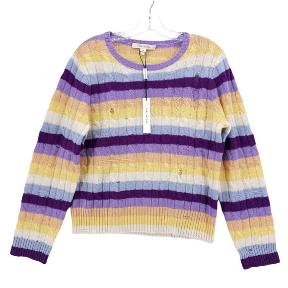 NWT MARC JACOBS 100% Cashmere Cable Knit DISTRESSED Sweater Striped Size LARGE - Picture 1 of 9